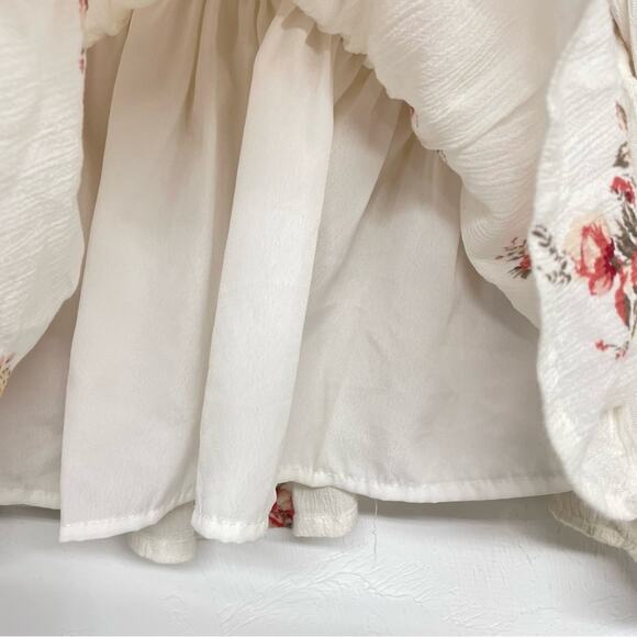 Hollister Cream & Pink Floral Puff Sleeve Boho Lace Trim Blouse XS Romantic - Picture 6 of 7